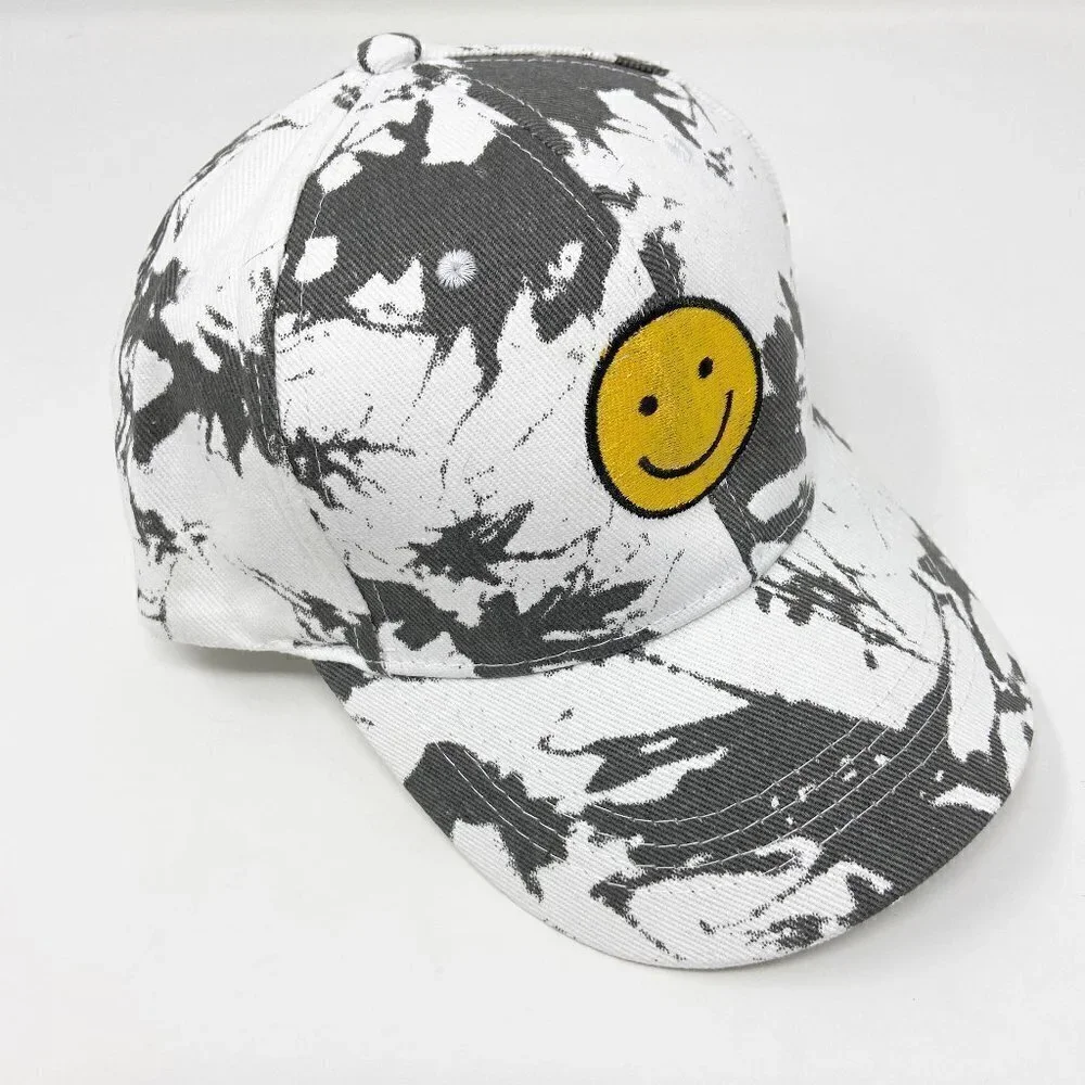 Smiley Face White Gray Tie Dye Ball Cap Hat